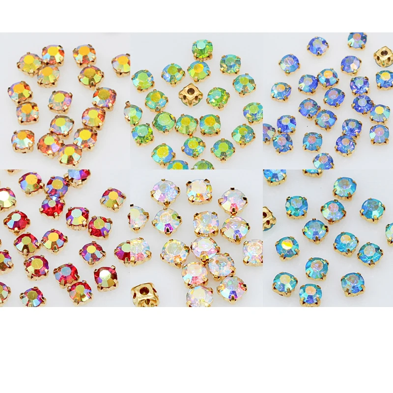 3mm 4mm 5mm 6mm color AB Sew on crystal glass Flatback Rhinestone diamante jewels Gold Cup base montees wedding dress DIY craft