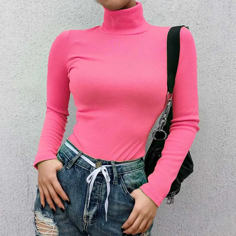 2021 Autumn Winter Neon Color Ribbed T Shirt Women Long Sleeve Turtleneck Tshirt Fashion Slim Pure Color Knitted Tops Tee