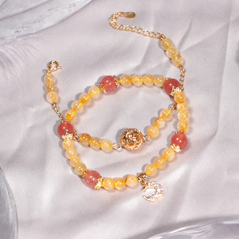 

Moon Shape Natural Garnet Strawberry Crystal Gold Rutilated Quartz Stones Beaded Strand Bracelets for Women Fine Jewelry YBR587
