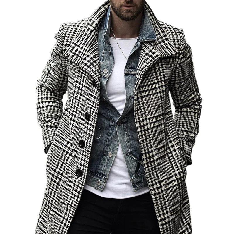 Men's Woolen Coats Windbreaker Designer Plaid Lapel Single-Breasted Jacket Male Brand Outwear Long Sleeve Luxury Mid-Length Coat