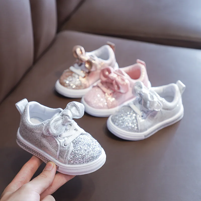 2019 new Fashion Sequin Bow Girls shoes Sneakers Toddler Little Kid Casual Trainers Children Non-Slip Shoes 1 2 3 4 5 6 Year Old