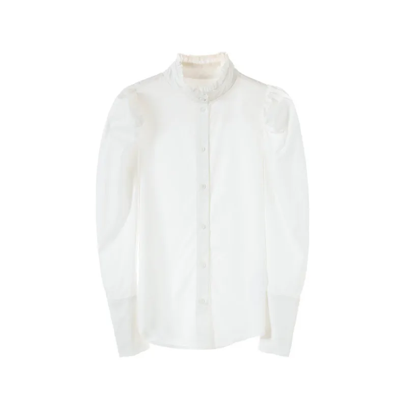 Celebrity Women Palace Style White Joint Ruffled  Stand Collar Puff Sleeve Shirt Harajuku White Women Blouse