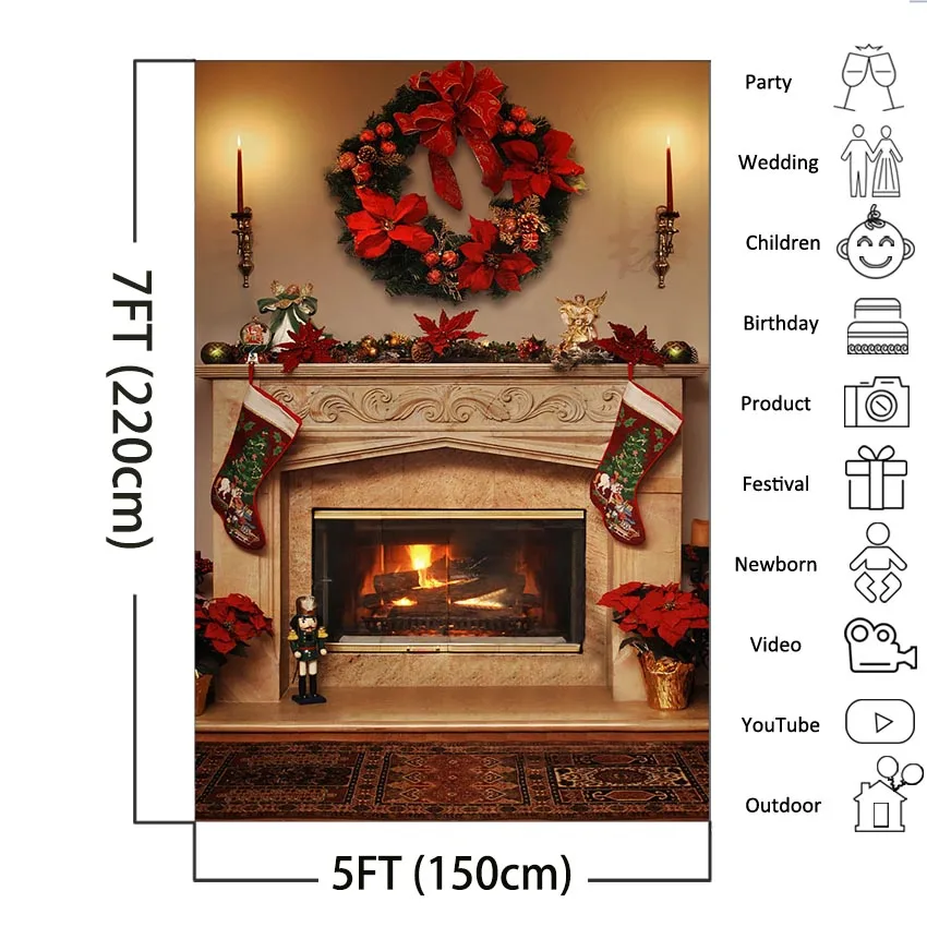겨울 크리스마스 벽난로 사진 배경 인테리어 빈티지 크리스마스 스타킹 배경 초상화 Photobooth 파티 장식