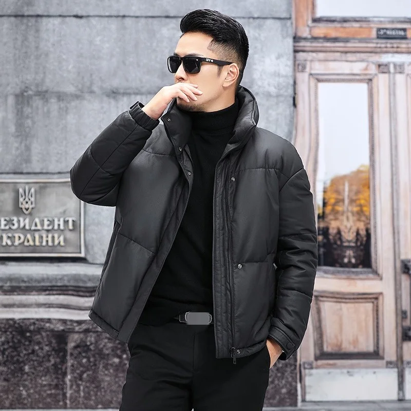 Men Winter Casual Genuine Leather Down Jacket Stand Collar Thick Short Cowhide Overcoat Outdoor Warm Single Breasted Down Coat