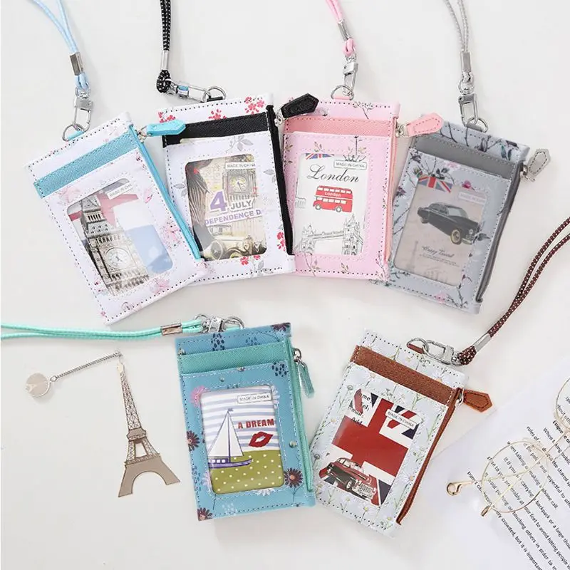 Portable Leather Badge Card Holder Case ipper Coin Pocket Purse Office Work with Neck Lanyard