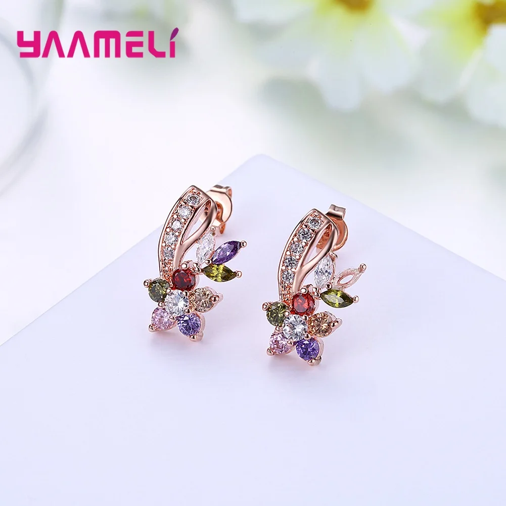 Luxury Rose Gold Color Multicolor Cubic Zirconia Stud Earrings for Women Bridal Wedding Party Ear Piercing Jewelry Gifts