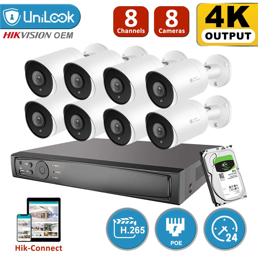 

UniLook 8CH NVR 8Pcs 8MP 4K Bullet POE IP Camera POE NVR Kit Security System Night Vision Motion Detetcion H.265 P2P View