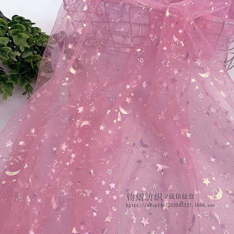 160cm Wide Shiny Soft Tulle Star Moon Printed Mesh Lace Patchwork Material DIY Sewing Dolls Cloth Princess Dress Wedding Fabric