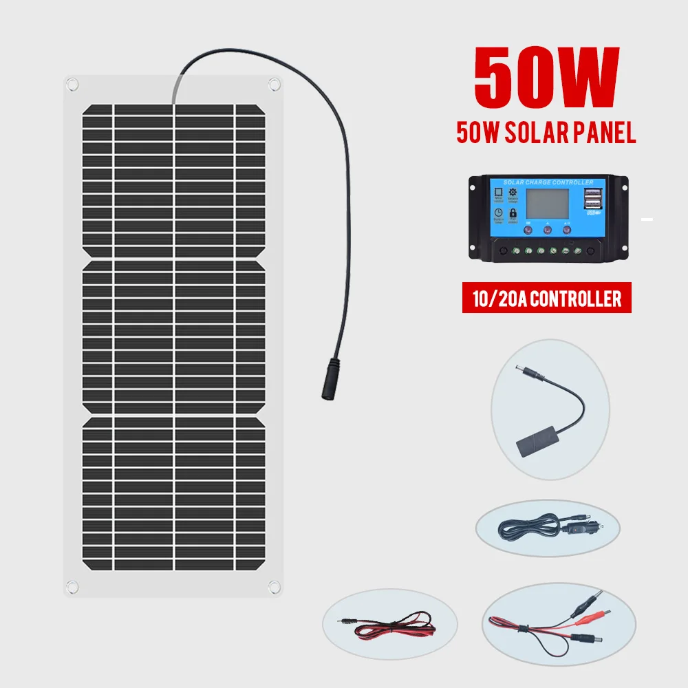 Solar Panel kit 유연한 태양 전지 패널 키트, RV 자동차 보트용 자동차 충전기, LCD 디스플레이 PWM 컨트롤러, 10A, 12V, 24V 컨트롤러, 12V, 100W, 50 W/h/일