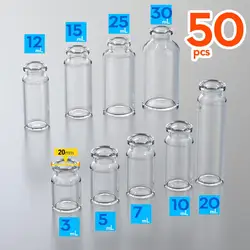 페니실린 병 유리 바이알, 3ml, 5ml, 7ml,10ml, 15ml, 20ml,25ml,30ml,50ml,100ml 항아리, 50 개