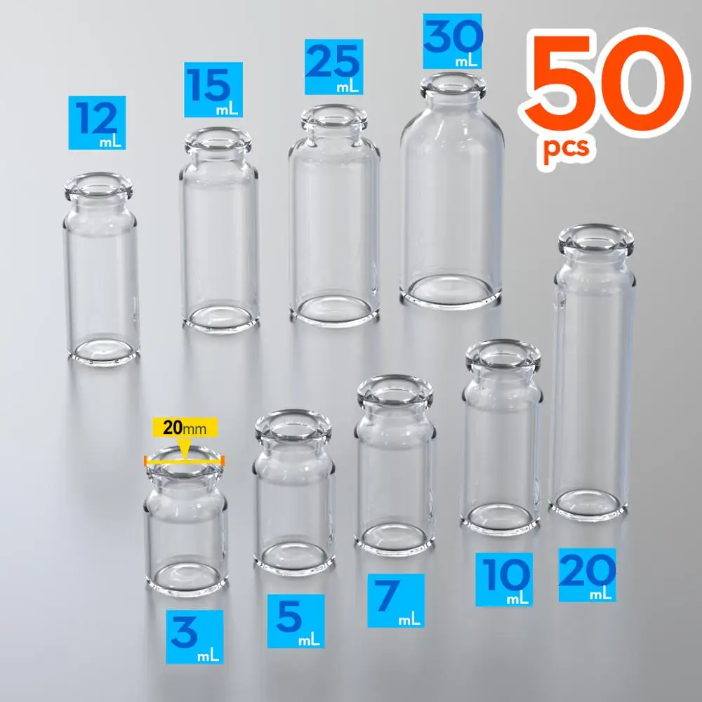 50pcs penicillin bottle glass Vial 3ml, 5ml, 7ml,10ml, 15ml, 20ml,25ml,30ml,50ml,100ml  jars