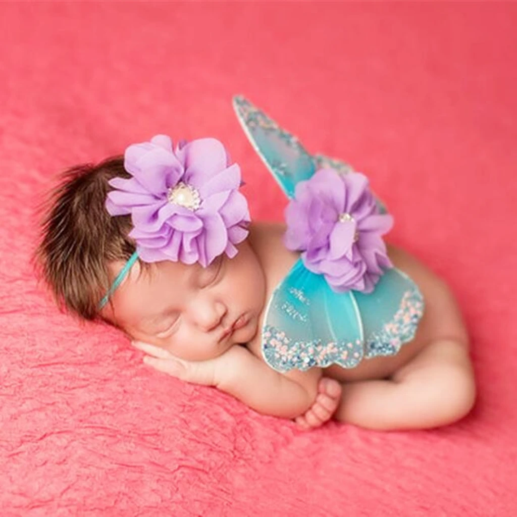 Newborn Photography Props Cute Butterfly wings+Big Flower Diamond Baby Headdress Studio Babies Shooting Photo Prop Accessories