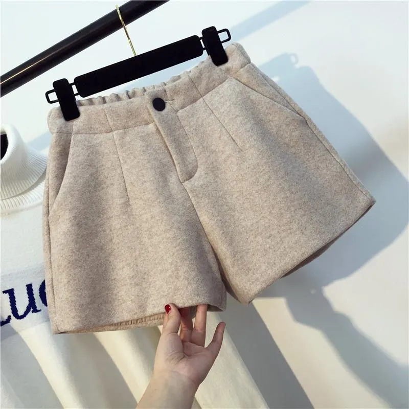 Winter Women Casual Thick Wool Shorts  Outerwear High Waist Short Wide Leg Short Pants Female Warm Loose Shorts Pockets