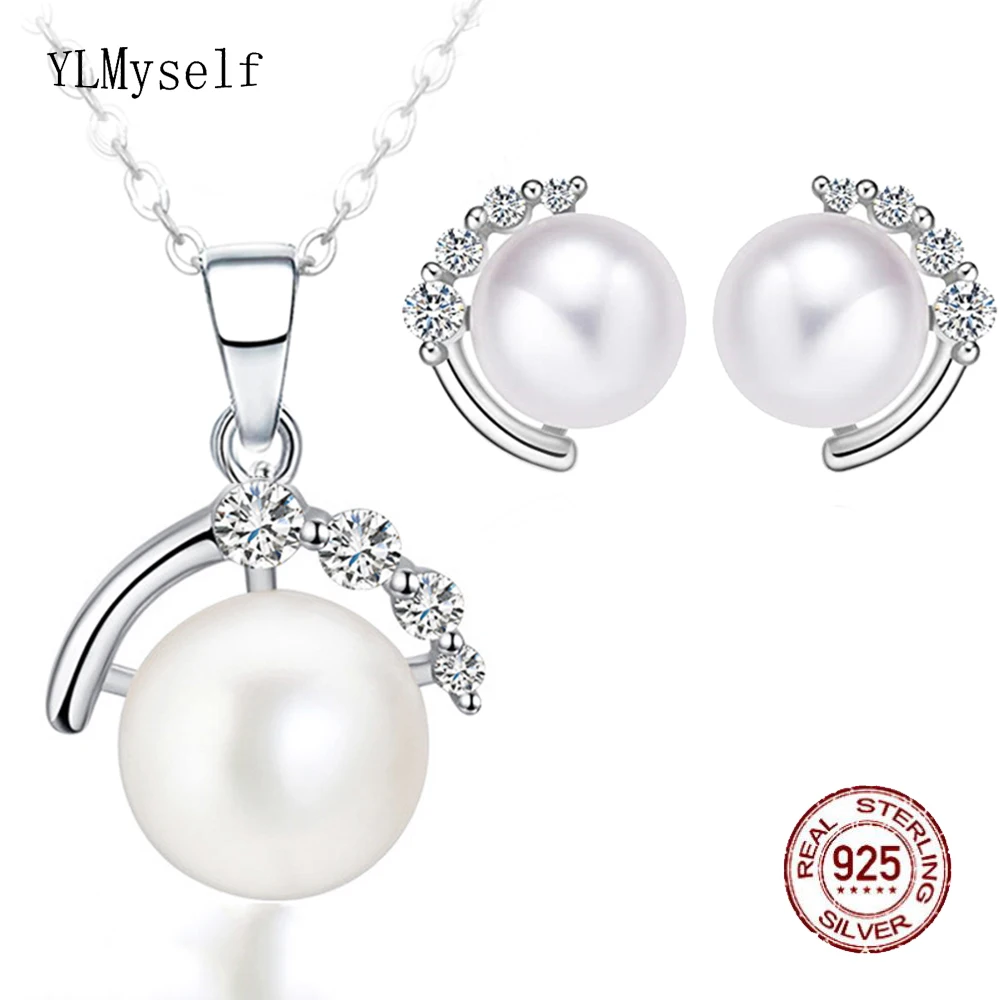 

Real 925 Silver Necklace & Earrings Set With Natural Freshwater Pearl// Zircon Luxury 2pcs Fine Jewelry for Women