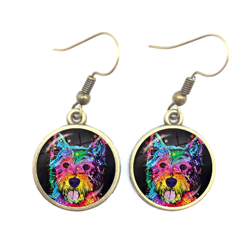 New Arrival Colorful Animal Women Drop Earring Oil Painting Cat Dog Glass Cabochon Womens Earrings Wholesale