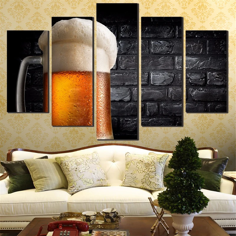 Wall Art Canvas Painting 5 Panel Art Picture Paint on Canvas for Living Room Nostalgic Beer Poster Modern Home Decoration