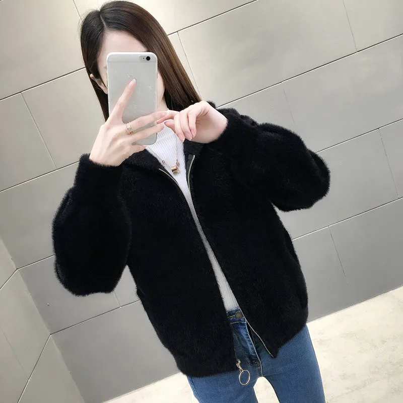 UHYTGF Imitation Mink Short Sweaters Jacket Women Hooded Casual Knit Autumn Winter Coat Cardigan Female Loose Big Size Top 1923