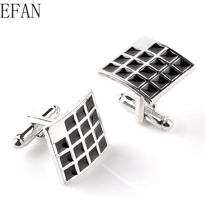 Men's Square Lattice Cuffinks Black Box Cuflink Silver Enamel Cuff Button Business Cuff Links Valentine's Gift for Husband