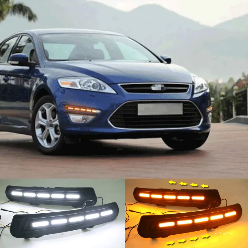 

Светодиодный дневный ходовой светильник для Ford Mondeo 2011 2012 2013 DRL противотуманный фонарь 12 В релейный Дневной светильник с поворотным желтым сигналом