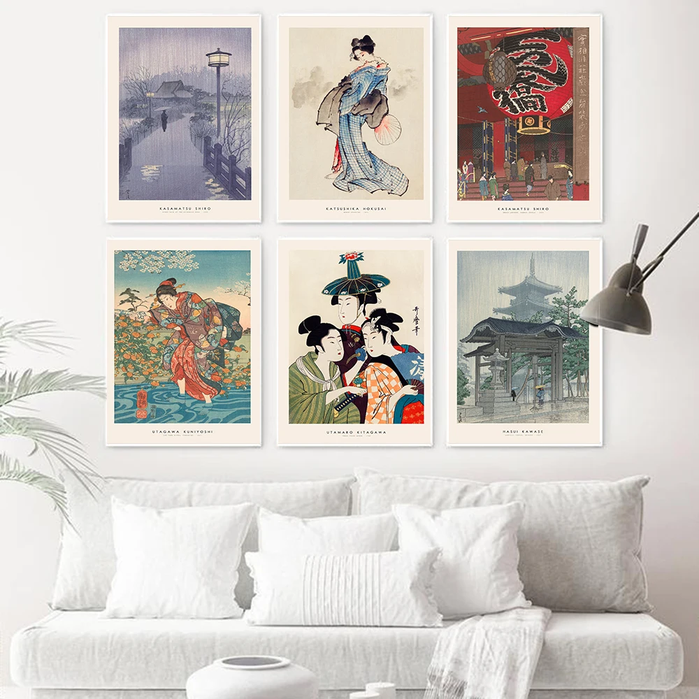 Vintage Japanese Young Woman Poster Prints Retro Landscape Art Canvas Painting Wall Pictures For Living Room Oriental Home Decor