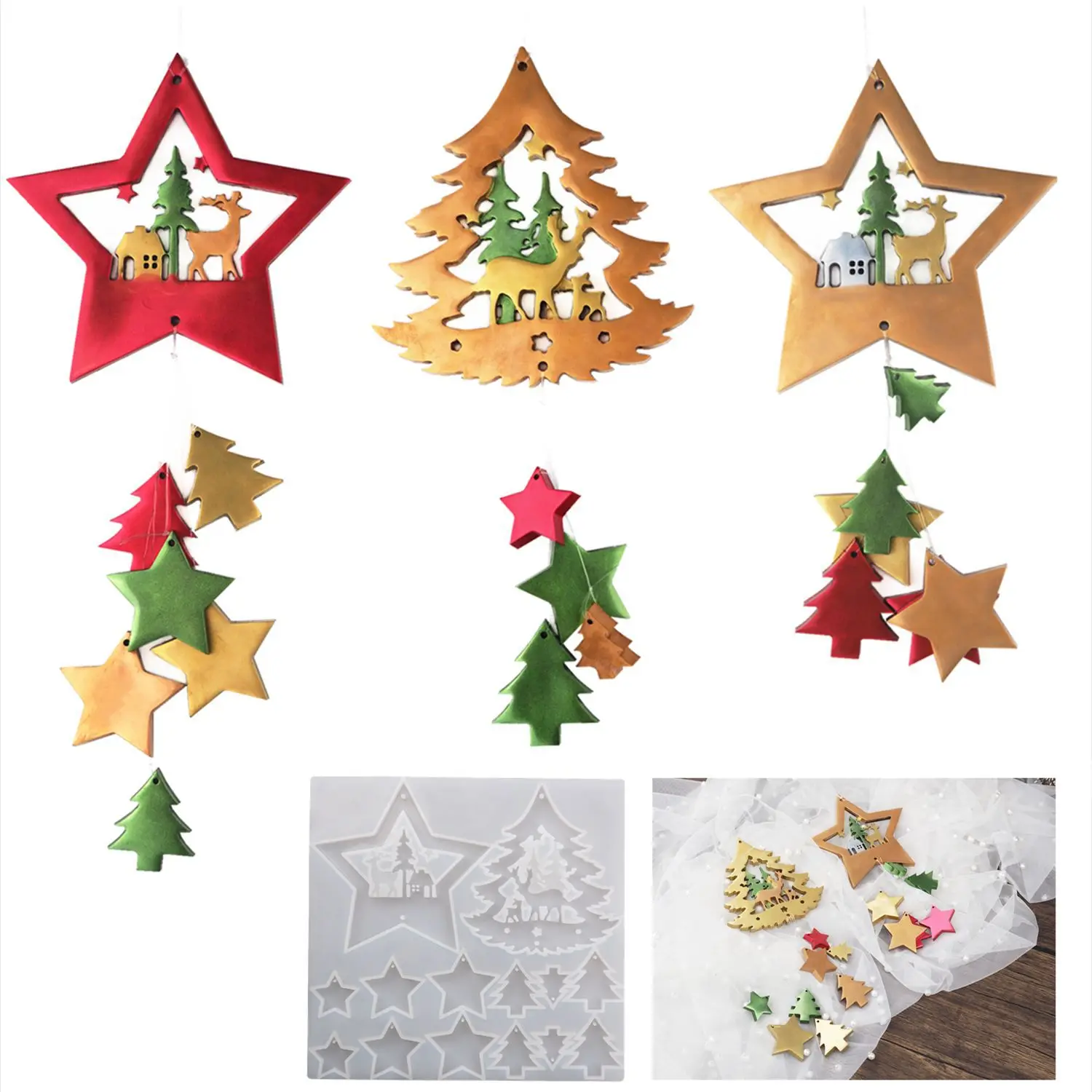 

Christmas Diy Crystal Epoxy Christmas Tree Five-pointed Star Wind chimes Pendant Decoration Mirror Silicone Mold