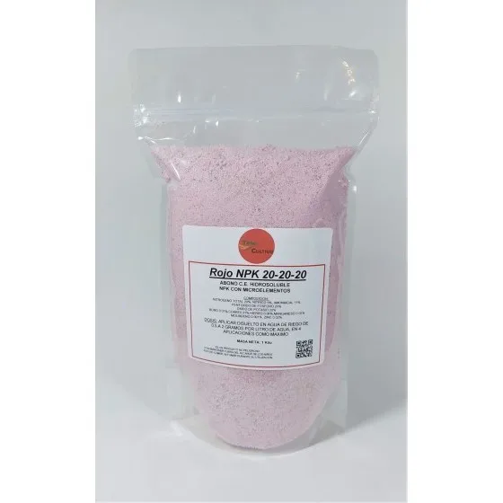 Compost Todocultivo red NPK 20-20-20 with microelementos, 1Kg, its balanced formula is perfect for young plantations, and 1 ° and 2 ° cycle watering, very effective on crops or plantations with much fruit load