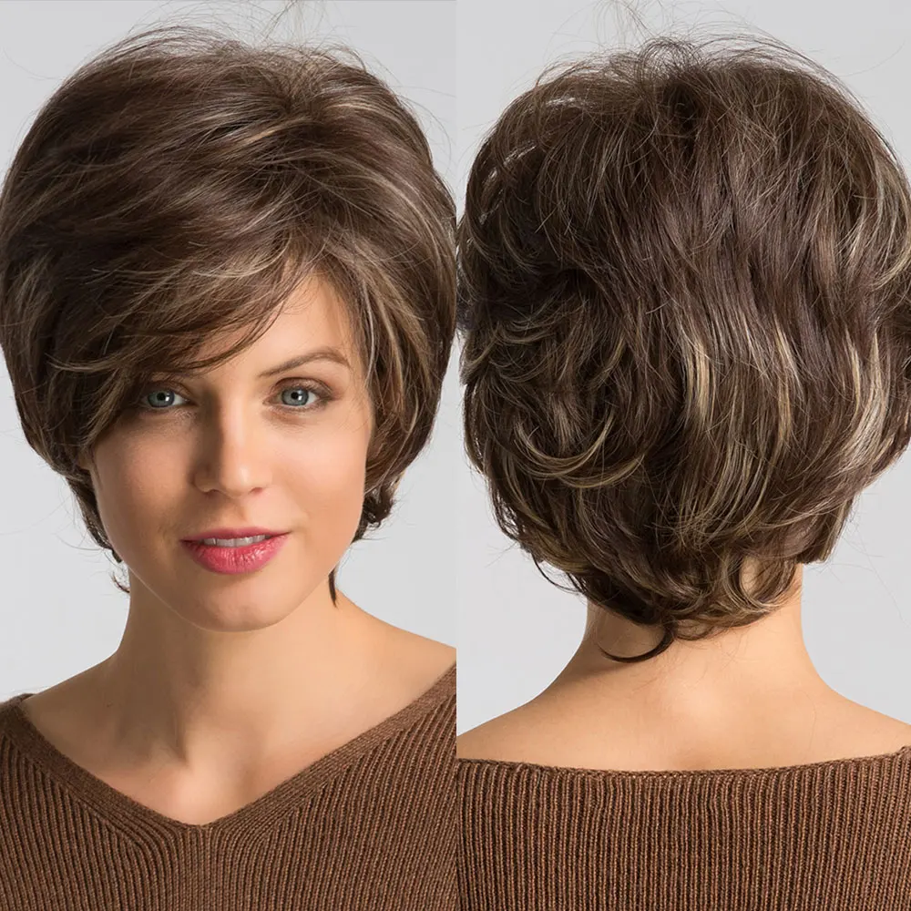 ALAN EATON Short Pixie Cut Wavy Synthetic Hair Wigs with Side Bangs Natural Mixed Dark Brown Blonde Golden Wigs for Black  Women