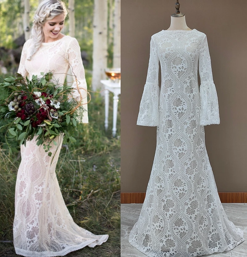 

1235#Round Neck Sheath Flare Sleeve Bridal Dress Sweep Train Lace Bohemian Boho Beach Wedding Dress Wedding Gown Bridal Gown