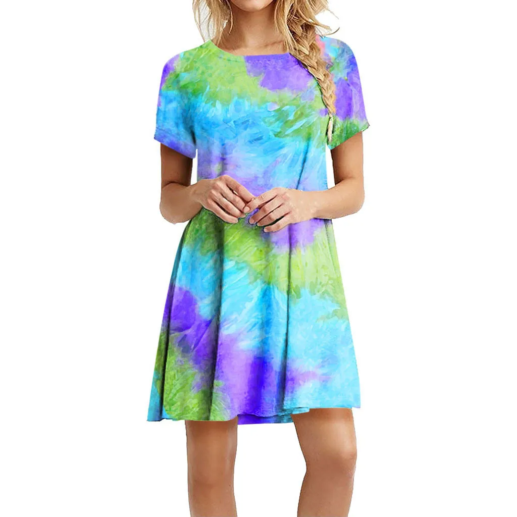 Moda letnia sukienka 2020 kobiet Tie-dye drukowane Casual T Shirt sukienki z krótkim rękawem sukienka typu Swing Femme Robe Vestidos de Mujer