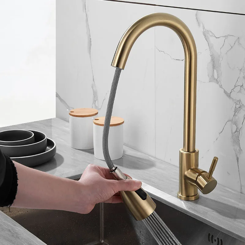 Brushed Gold Kitchen Sink Faucet Pull Out 360 Rotate Swivel Degree Sink Tap Single Handle Hot and cold Water Mixer Tap