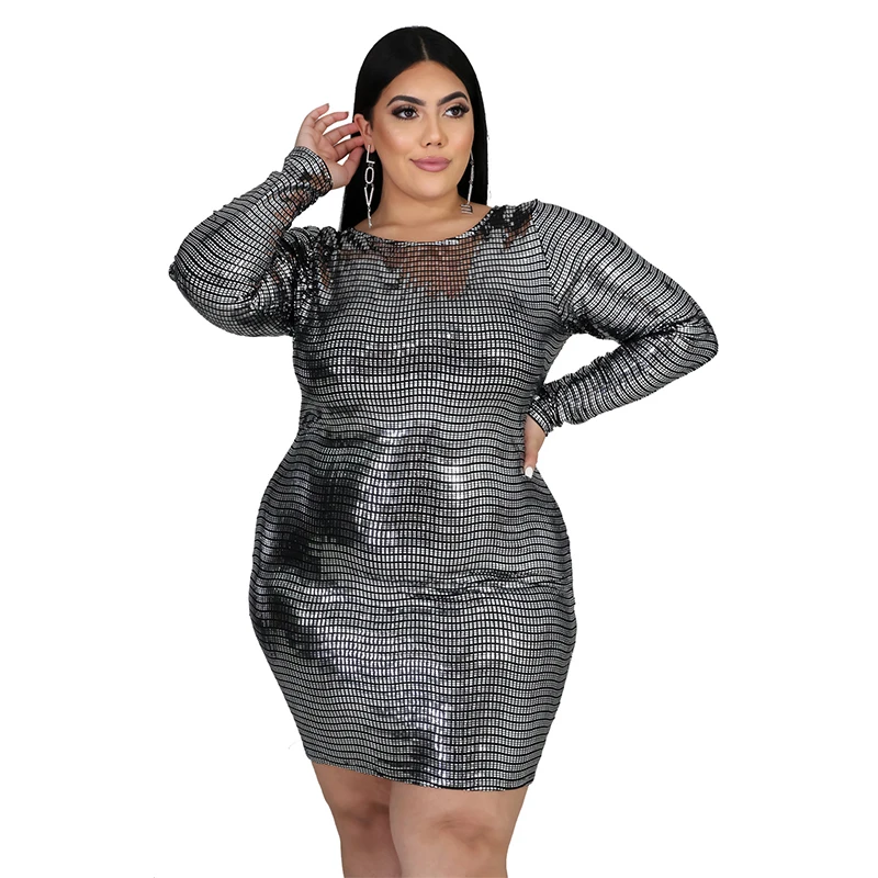 Women\'s Dress 5xl Sexy Round Collar Long Sleeve Sequins Elegant Fashion High Waist Plus Size Dresses Wholesale Dropshipping