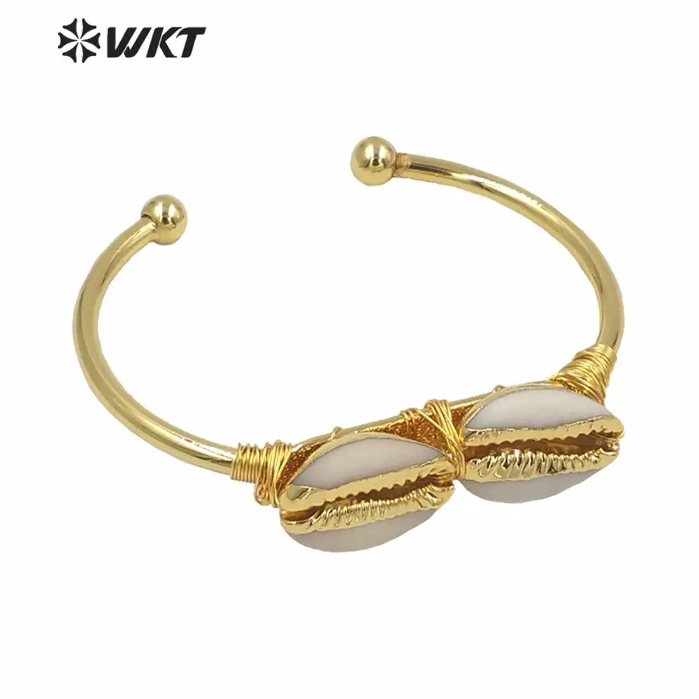 WT-B487 New Arrival Natural Cowrie Shell Cuff Bracelet Full Gold Trim Metal Dipped Handmade  Charm Jewelry