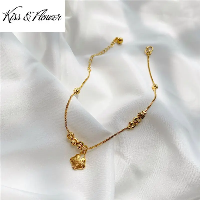 

KISS&FLOWER AK12 Fine Jewelry Wholesale Fashion Hot Woman Girl Bride Mother Birthday Wedding Gift Beads FU Lock 24KT Gold Anklet