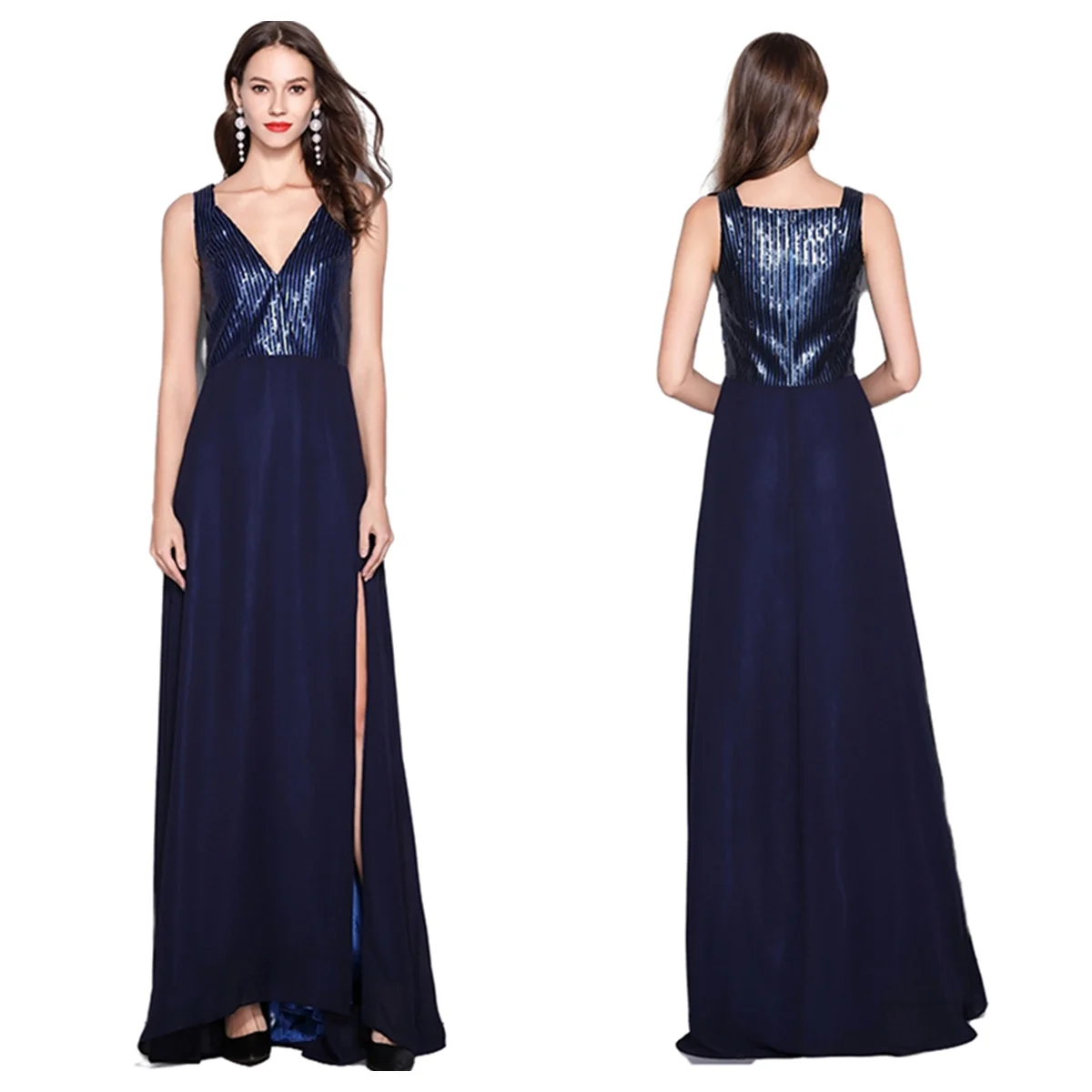 V-Neck long split Sequin Chiffon slim evening dress annual meeting sleeveless dress