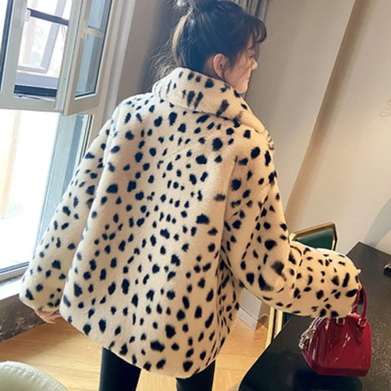 Abrigo de piel sintética con estampado de leopardo para mujer, abrigo cálido de lana de cordero suelta, nueva versión coreana, Otoño e Invierno