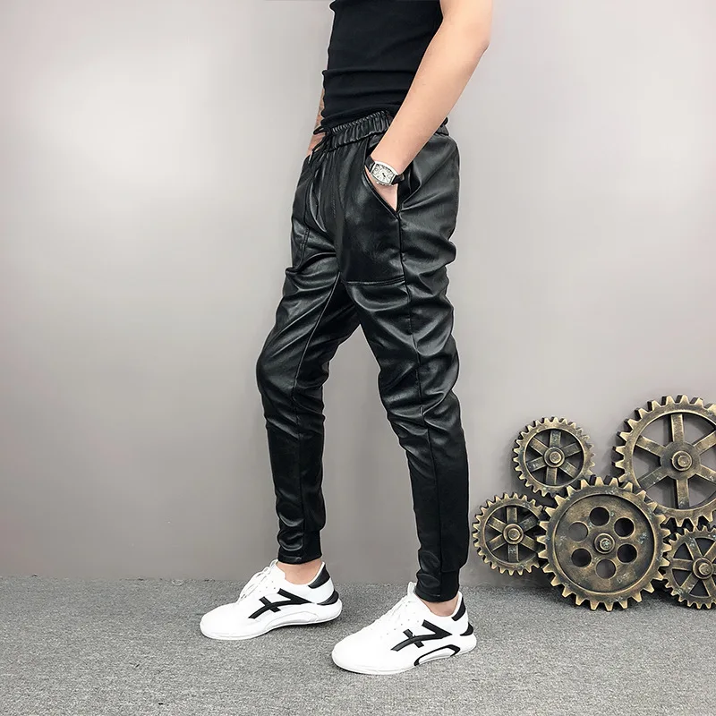 Idopy New Arrival Autumn Winter Mens Korean Hip Hop Faux Leather Harem Pants Drawstring Elastic Waist PU Leather Joggers