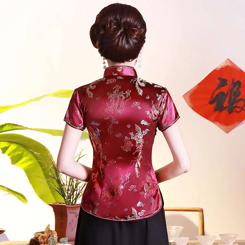 Chinese Style Short Sleeve T-shirt Traditional Chinese Mandarin Collar Women Qipao Tops Vintage Dragon Phoenix Tang Coat 4XL