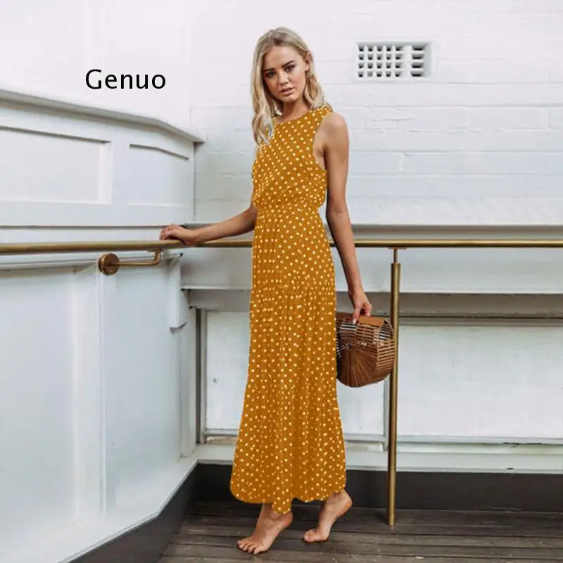 Women Summer Boho Casual Sleeveless Dress Homewear Polka-Dot Party Beach Long Maxi Navy Dress Sundress