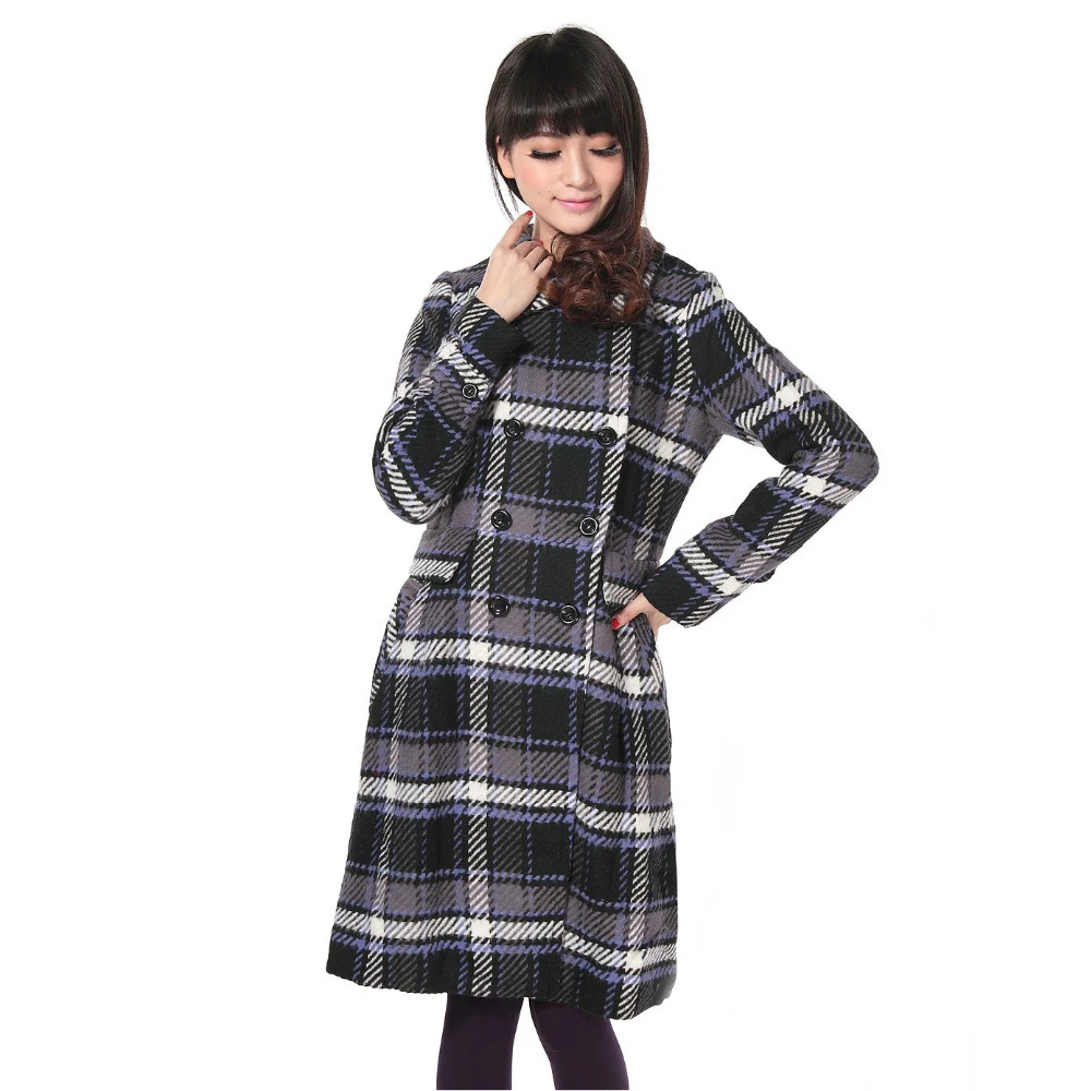 Winter Women Wool Cashmere Coats Female Elegant Blue White Plaid Woolen Tweed Overcoat Woman Double Breasted Long Coat Outerwear