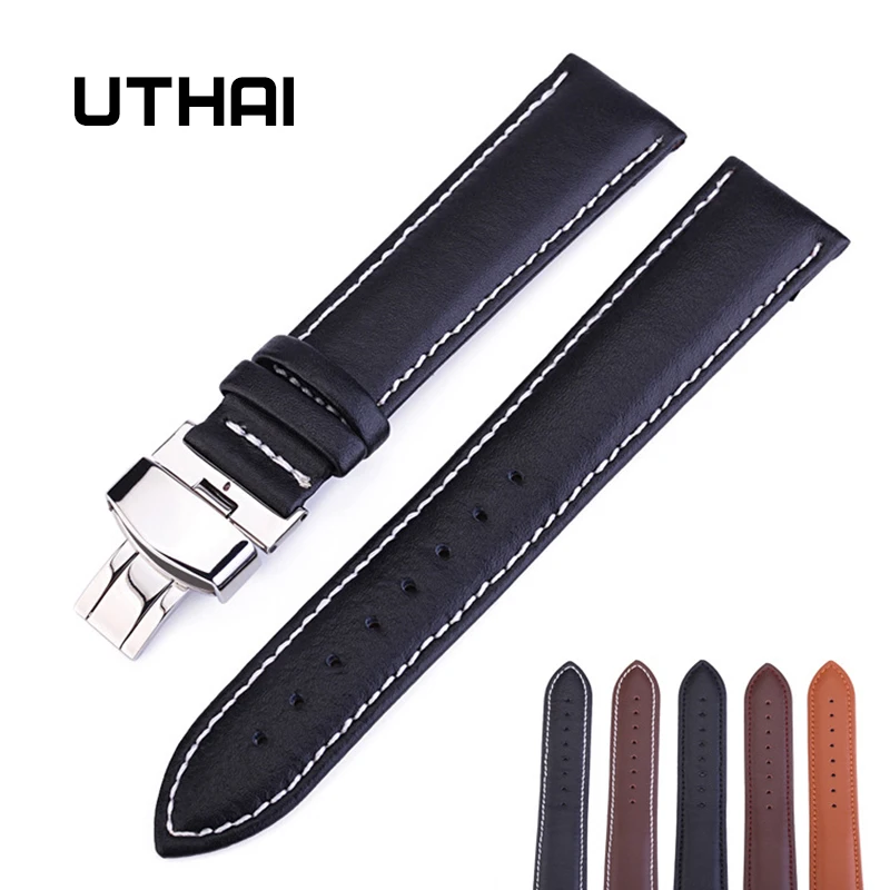 UTHAI Z07 Butterfly Buckle Genuine Leather Straps 12-24mm Watch Accessories High Quality Brown Colors Watchbands