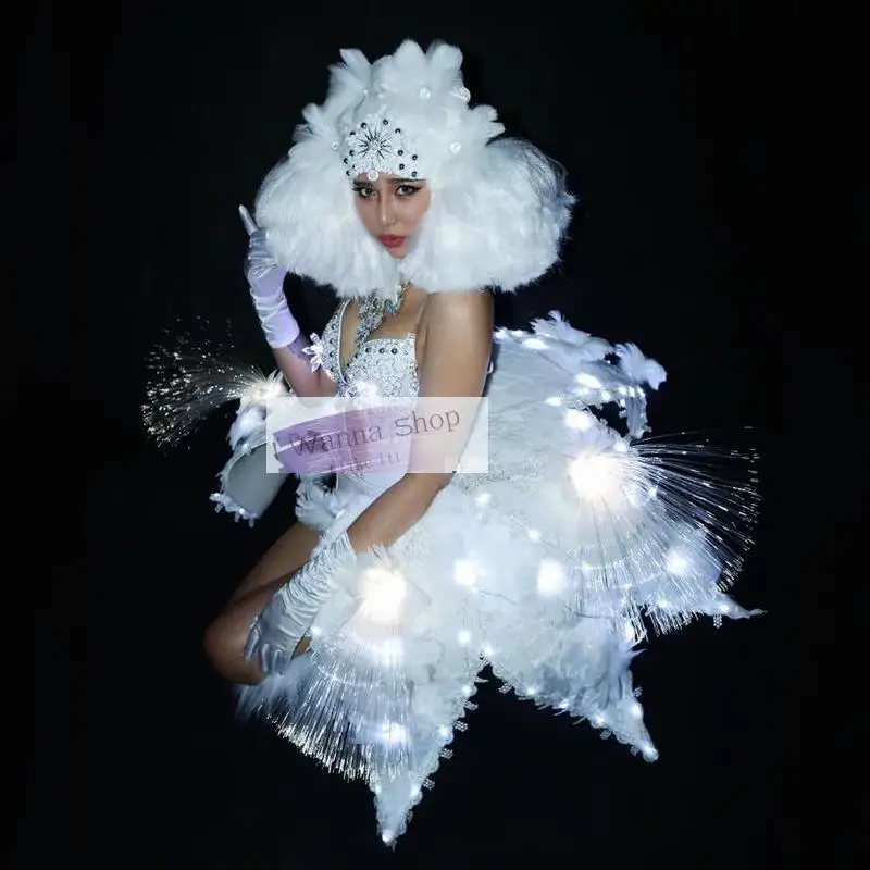 LED Flower Fairy Petal Dress Clothing Christmas Lights White Flowers Star Headpiece Bar Gogo Skirt Windmill Women Dance Costume