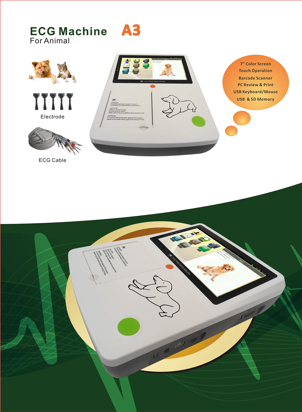 Touch Screen Veterinary Animal Three 3 Channels ECG Machine 12 Leads EKG Electrocardiograph Machine