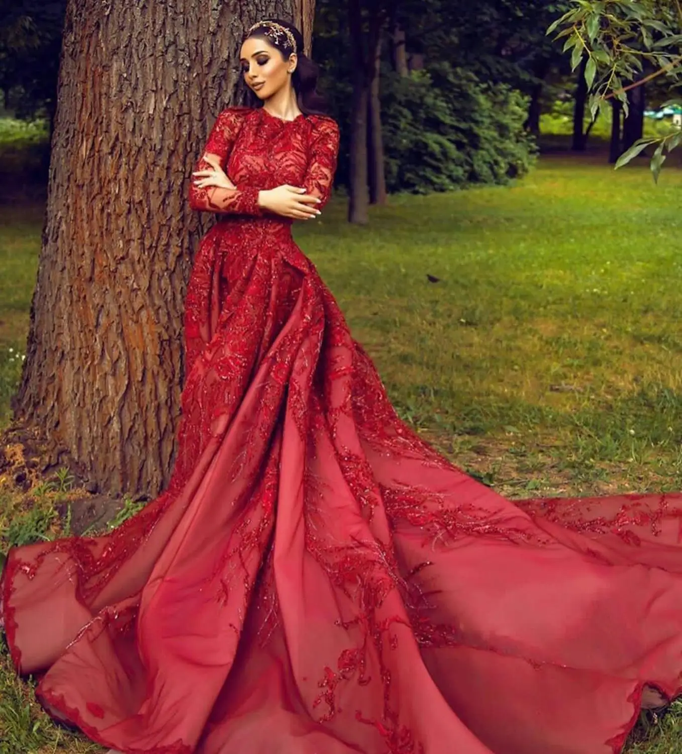 Vestidos De Noche rojos, cuentas De encaje, cuello De Joya, tren De barrido, manga larga, lentejuelas, Vestidos árabes De Quinceañera hechos a medida