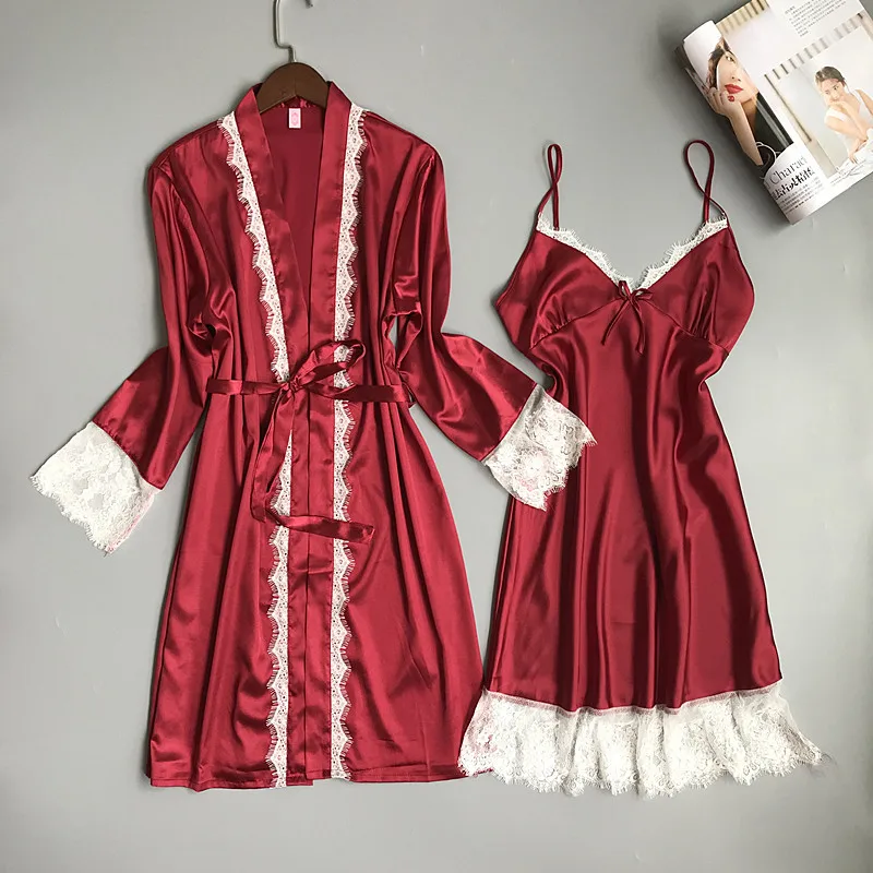 

New Long Twinset Kimono Robe Set Chinese Style Bride Wedding Robe Sexy Lace Sleepwear Rayon Nightgown Female Soft Home Dress