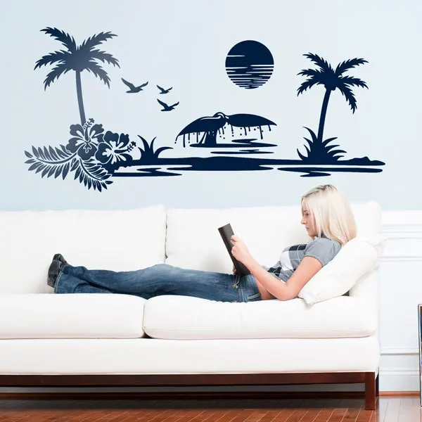 Large Beach Landscape Palm Tree Sun Wall Decal Camper Rv Motorhome Ocean Camping Travel Nature Wall Sticker Bedroom Vinyl Decor