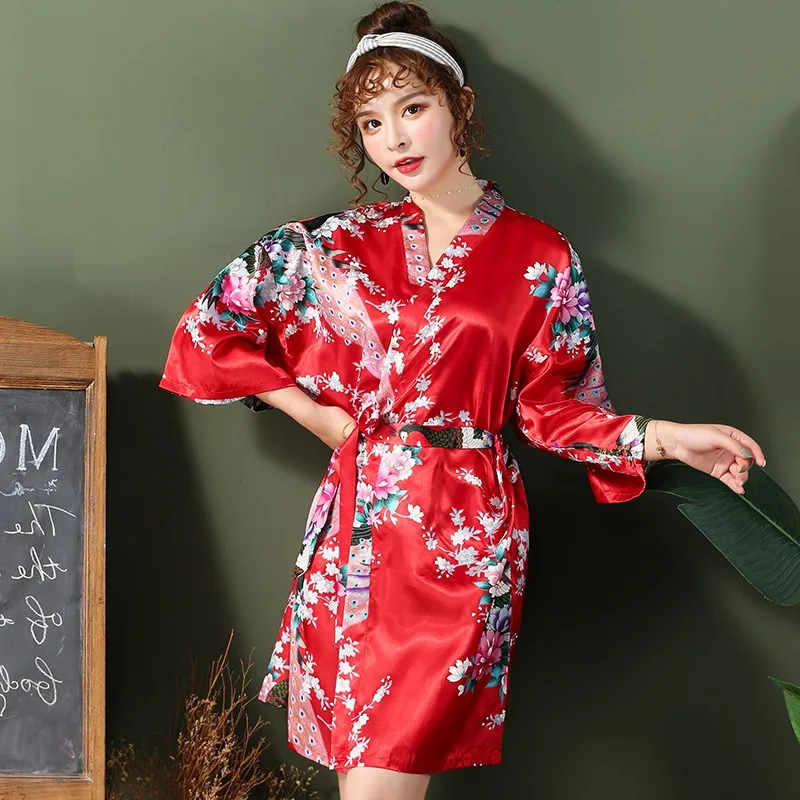 Chinese Red Women Bathrobe Sexy Loose Wedding Robe Casual Lounge Sleepwear Kimono Gown Print Peacock V-neck Mini Home Clothing