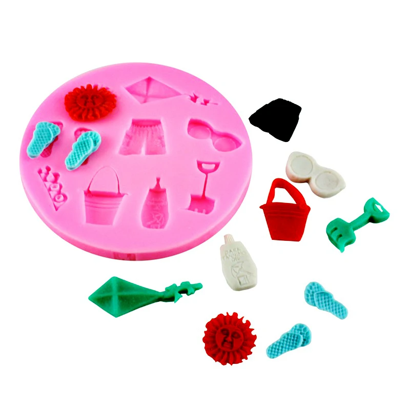 Silicone 3D Happy Summer Beach Vocation Sun Kite Sea Wave Slipper Shorts Fondant Decorating Mould  Kitchen DIY Tools Soap Mold