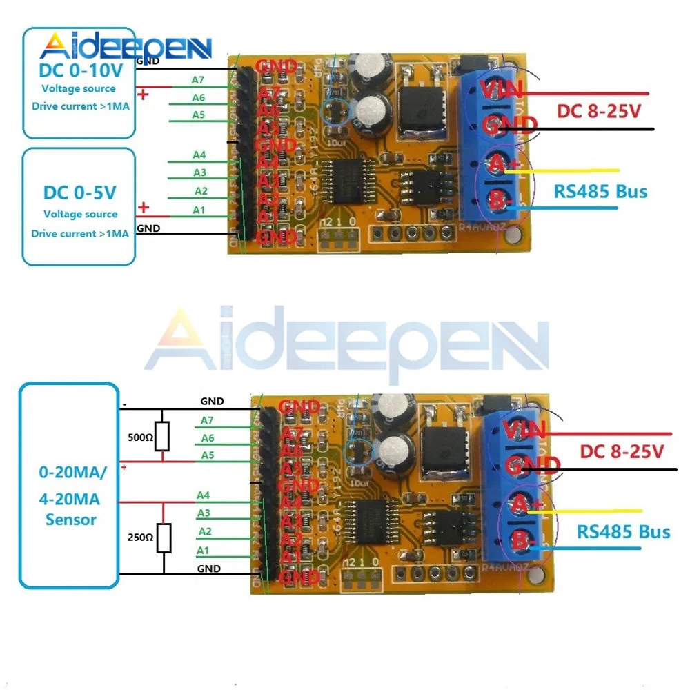 

R4AVA07 7CH 5V 10V Analog Voltage Acquisition Sampler RS485 ModBus RTU Module for PLC Oscilloscope ADC 4-20ma Sensor