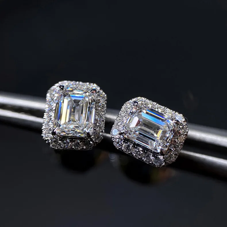 Emerald Cut  Moissanite Diamond Stud Earring 100% Real 925 sterling silver Promise Wedding Earrings for Women Bridal Jewelry