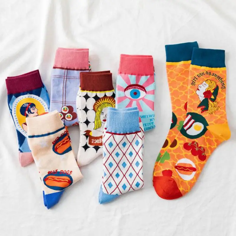 Spring Collection of Japanese Lolita Women\'s Wear Cartoon Woman, Eyes, Diamond, Diamond Squares,Hot Dog Pattern Cotton Socks